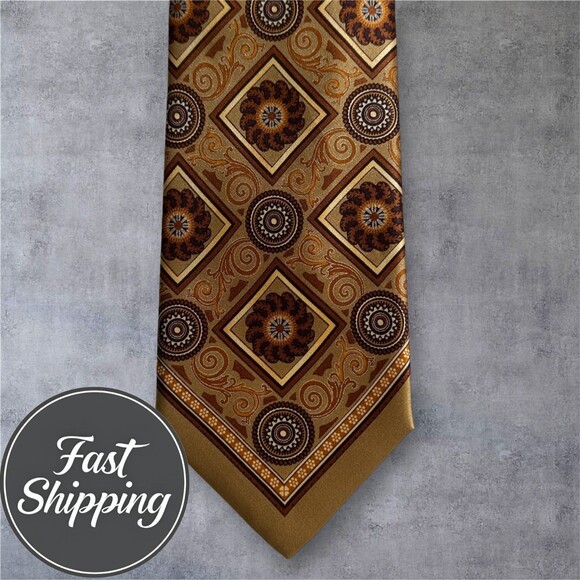GIANFRANCO FERRE Made in Italy Silk Tie Geometric 100% Silk Necktie Brown/Tan - Picture 2 of 6